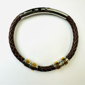 K.Penko leather stainless steel mens bracelet braided brown leather adjustable